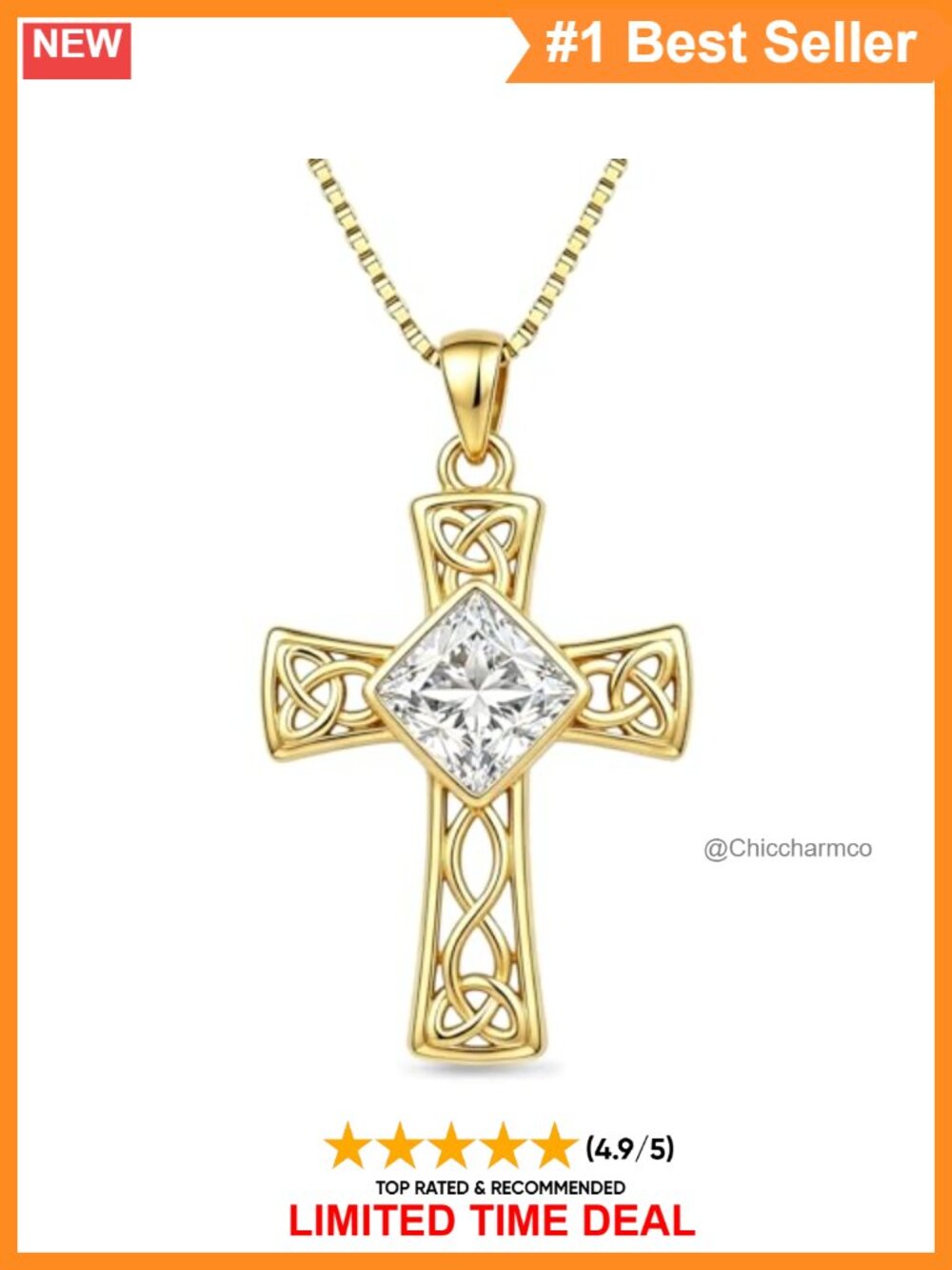 14K Gold Plated Celtic Cross Necklace Princess Cut Birthstone Pendant